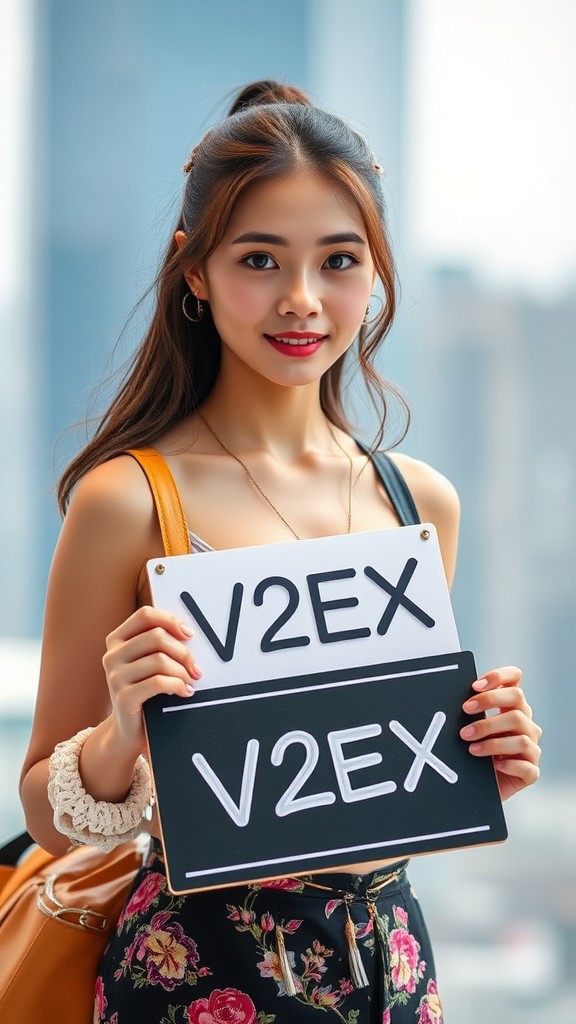 A young woman with long hair in a ponytail holds two signs with 'V2EX' written on them, standing in an urban setting with skyscrapers in the background.