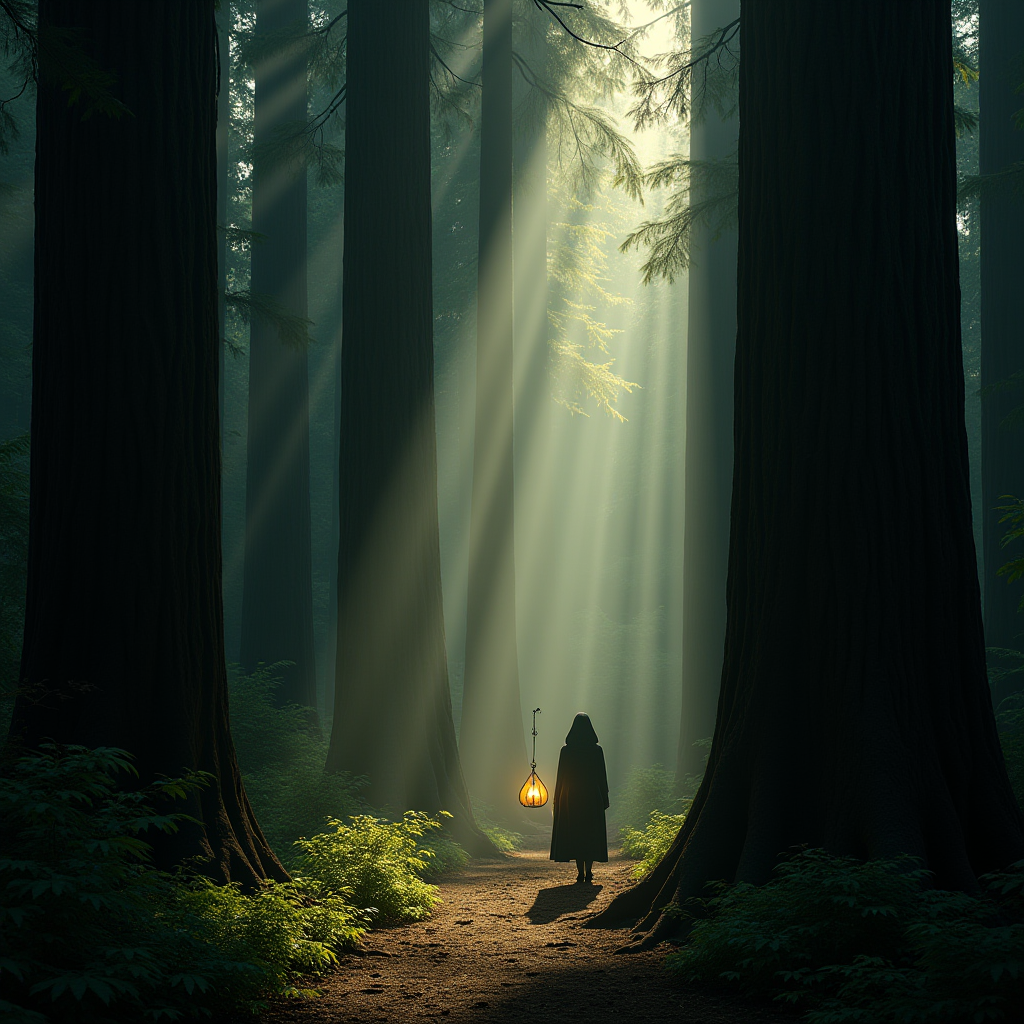 A cloaked figure walks through a mystical forest illuminated by beams of light with a glowing lamp.