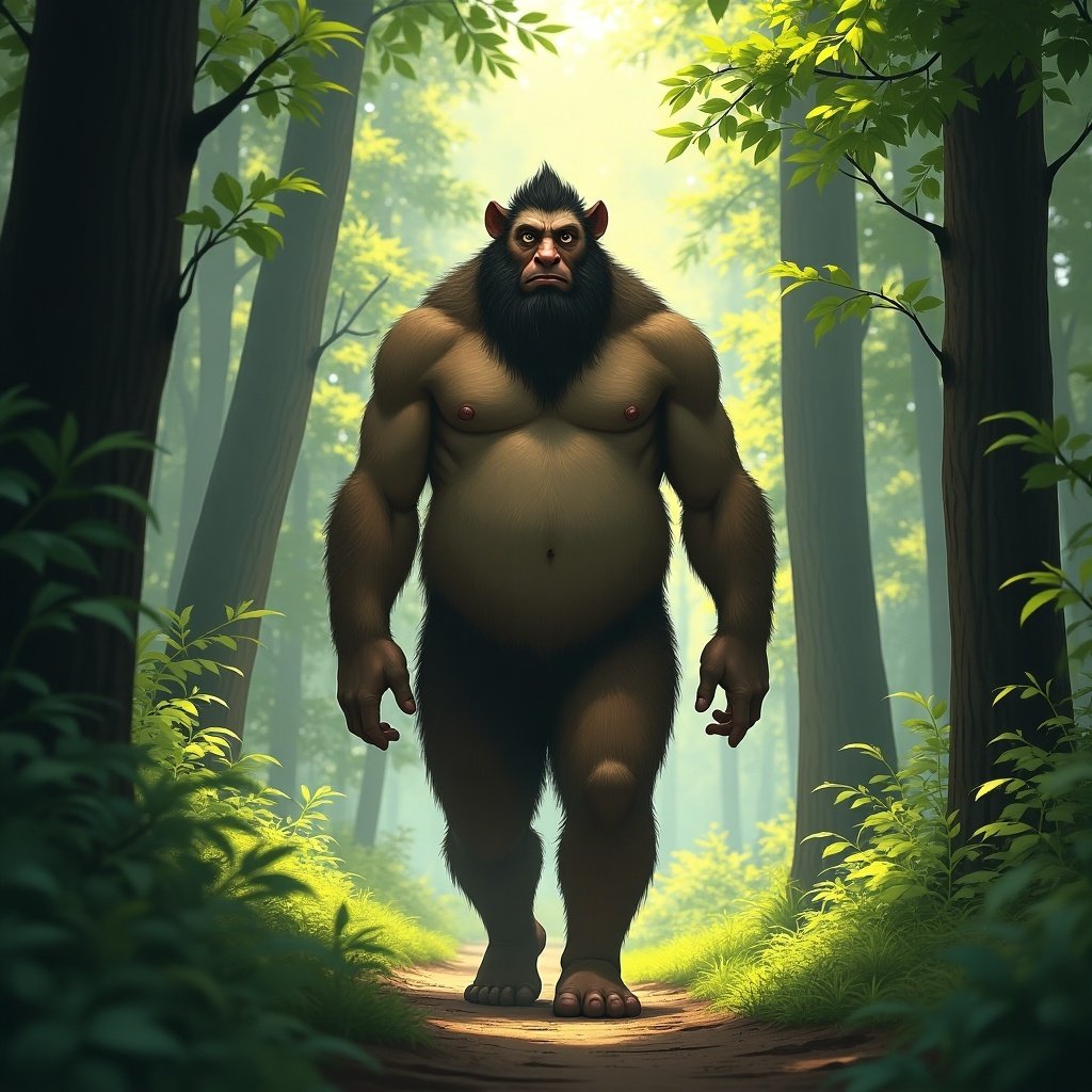 A large, muscular humanoid figure strides purposefully down a forest path. The character is covered in thick fur, with a powerful build and an intimidating presence. Sunlight filters through the trees, casting a warm glow on the scene. The surrounding forest is dense and vibrant, filled with lush green trees and underbrush. This young man commands attention, embodying a blend of human traits and wild features, evoking both curiosity and respect.