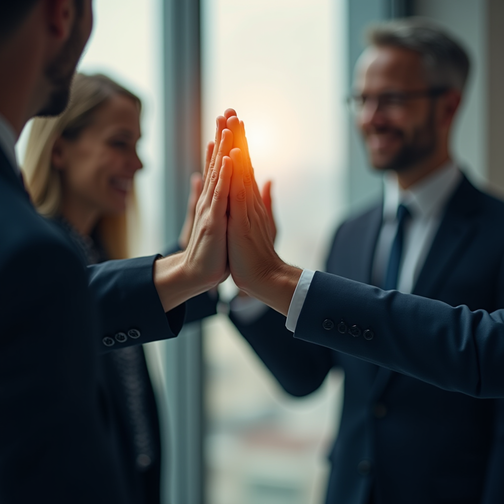 A group of business professionals celebrate a success with a high-five in an office setting.