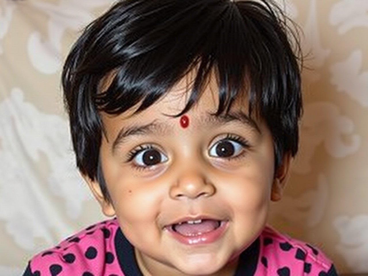 The image shows a young child with dark, glossy hair and large, expressive eyes. The child has a small, reddish mark on their forehead and light freckles scattered across their cheeks. They are wearing a pink and black polka-dotted shirt. The backdrop has a soft, blurred design, giving a cozy feel to the image. The child's expression is curious and innocent, capturing the essence of childhood. Overall, the image radiates warmth and charm.