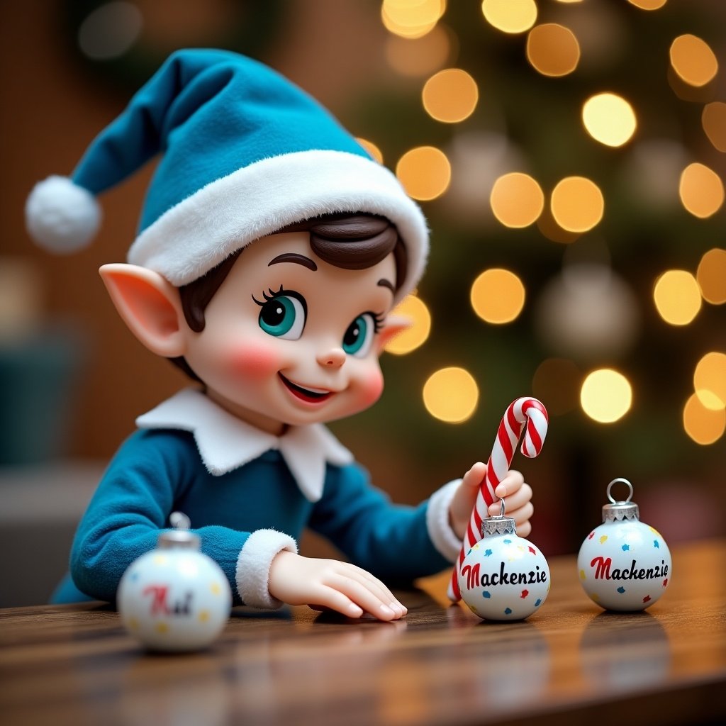 A charming Christmas elf dressed in cheerful blue attire, complete with a hat, is focused on writing names on decorative baubles. The elf has a playful expression and is sitting at a wooden table surrounded by holiday decorations. The background features a softly lit Christmas tree adorned with twinkling lights. The elf holds a red and white candy cane, adding to the festive atmosphere. This scene evokes a sense of holiday cheer and delightful anticipation. The name being written includes 'Mackenzie,' emphasizing a personal touch for the festive season.