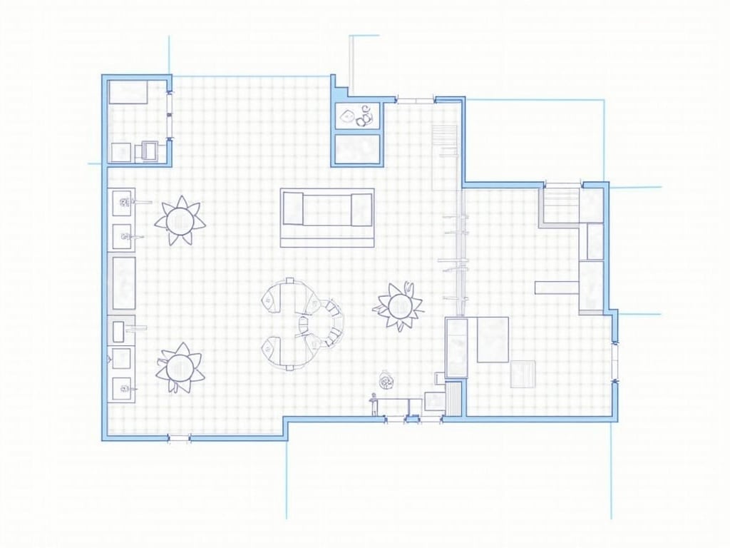 The image shows a detailed architectural ground floor plan of a building. It features an open layout with various rooms and spaces designated for different purposes. The central space includes a circular table and chairs, forming a social area. Surrounding the central space are other areas that seem to include a kitchen and potential dining areas. Several figures are depicted in the drawing, suggesting the use of the space. The drawing is outlined in blue, highlighting the structural elements and design of the building.