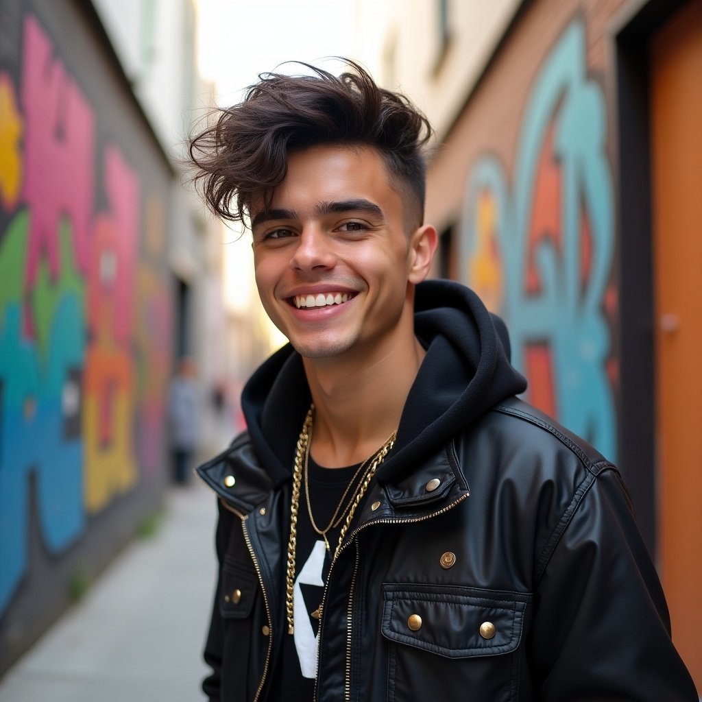 The image captures a young man named Jaxon standing in an urban alley. He is smiling broadly, showcasing his confident and playful personality. His outfit includes a stylish black leather jacket and casual streetwear. Behind him is a wall decorated with vibrant graffiti, adding a lively backdrop. The lighting is soft and highlights his youthful features. His hairstyle is trendy and reflects modern fashion. The overall vibe is casual yet striking, making it perfect for a youthful audience.