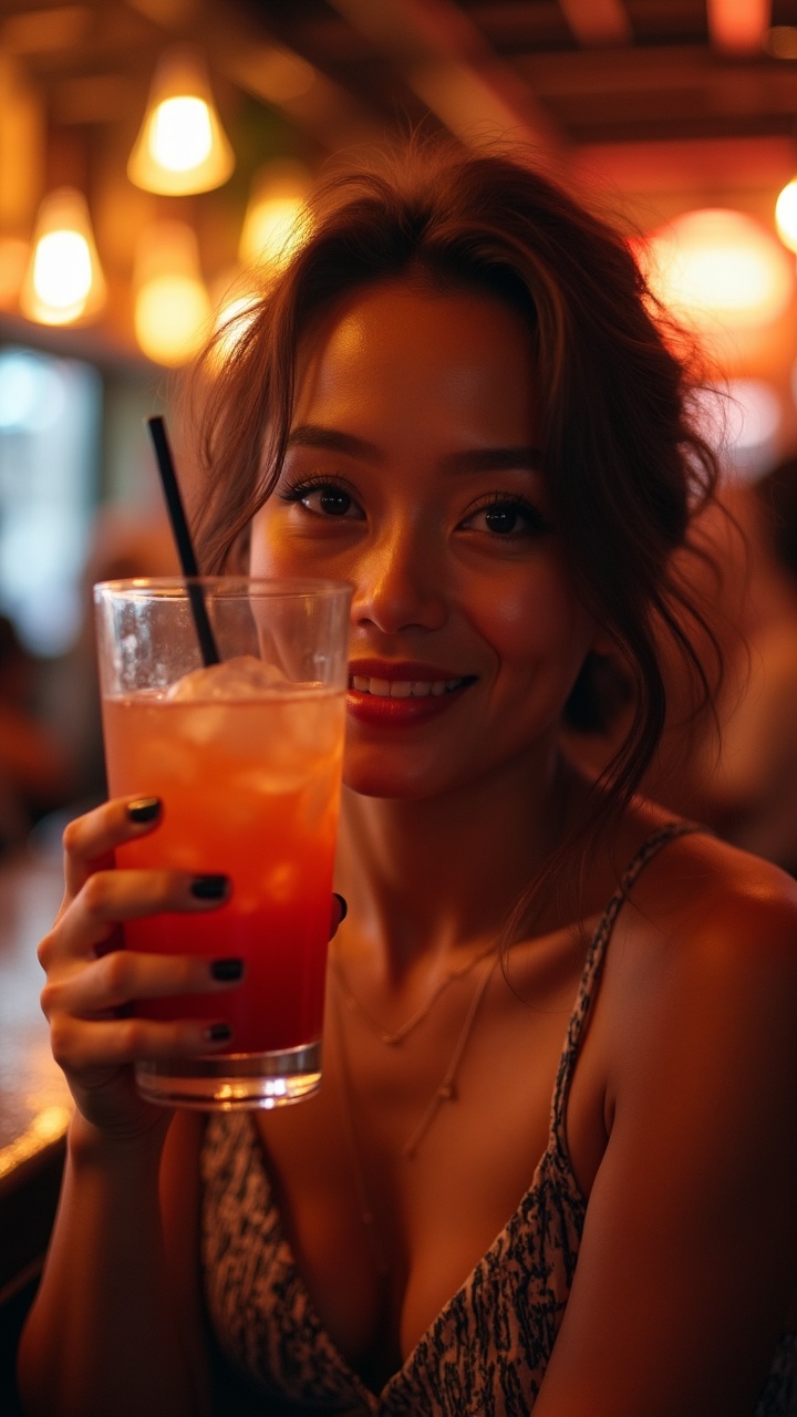 A person smiling while holding a colorful cocktail in a warmly lit bar.