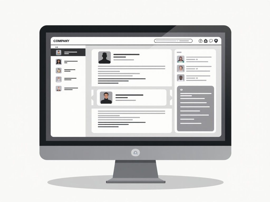 The image depicts a modern computer monitor displaying a user interface for a corporate application. The layout includes sections for user profiles, messages, and company details. The color scheme is minimalistic with shades of gray and white. This design emphasizes cleanliness and usability suitable for a corporate environment. It represents a typical digital workspace that employees might interact with daily.