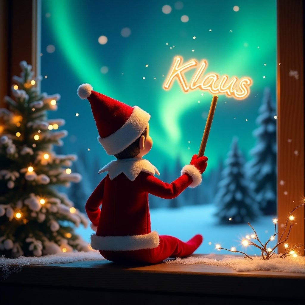 An enchanting Christmas scene featuring an elf on the shelf. The elf, dressed in vibrant red and white, is facing the sky with its back to the viewer. It holds a magic wand aloft, with the name 'Klaus' glowing above. The background is adorned with mesmerizing northern lights, casting a magical ambiance. Soft lighting enhances the festive feel, showcasing a decorated Christmas tree nearby. The entire scene captures the whimsical spirit of Christmas and evokes joy and wonder.