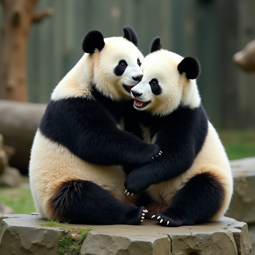 The image shows two adorable giant pandas embracing on a stone platform in what appears to be a zoo or sanctuary. These two pandas are sitting close together, each with an arm around the other, displaying a gesture of affection and playfulness. The pandas have their characteristic black and white fur, with black patches around their eyes, ears, and limbs. The background includes some blurred elements like logs and greenery, typical of a naturalistic habitat setting. The pandas appear joyful and content, making the scene heartwarming and full of charm.