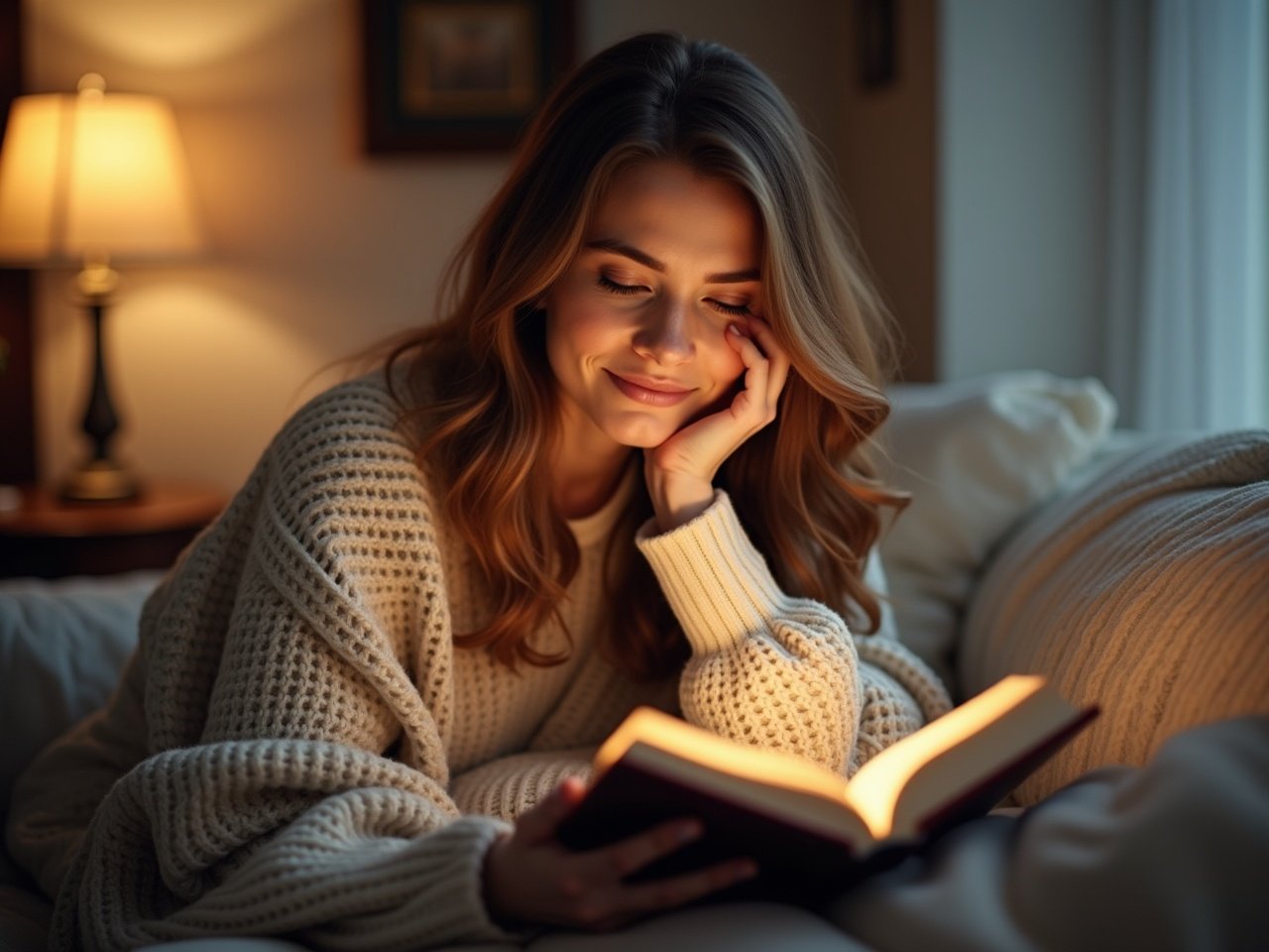 A woman is sitting comfortably, wrapped in a cozy sweater as she holds a book in her hands. She has a serene expression on her face, engrossed in the story. The background is softly lit, creating a warm and inviting atmosphere perfect for reading. Her hair is gently flowing, and she rests her head on her hand, showing her relaxation. The scene captures a peaceful moment where she enjoys her favorite pastime.