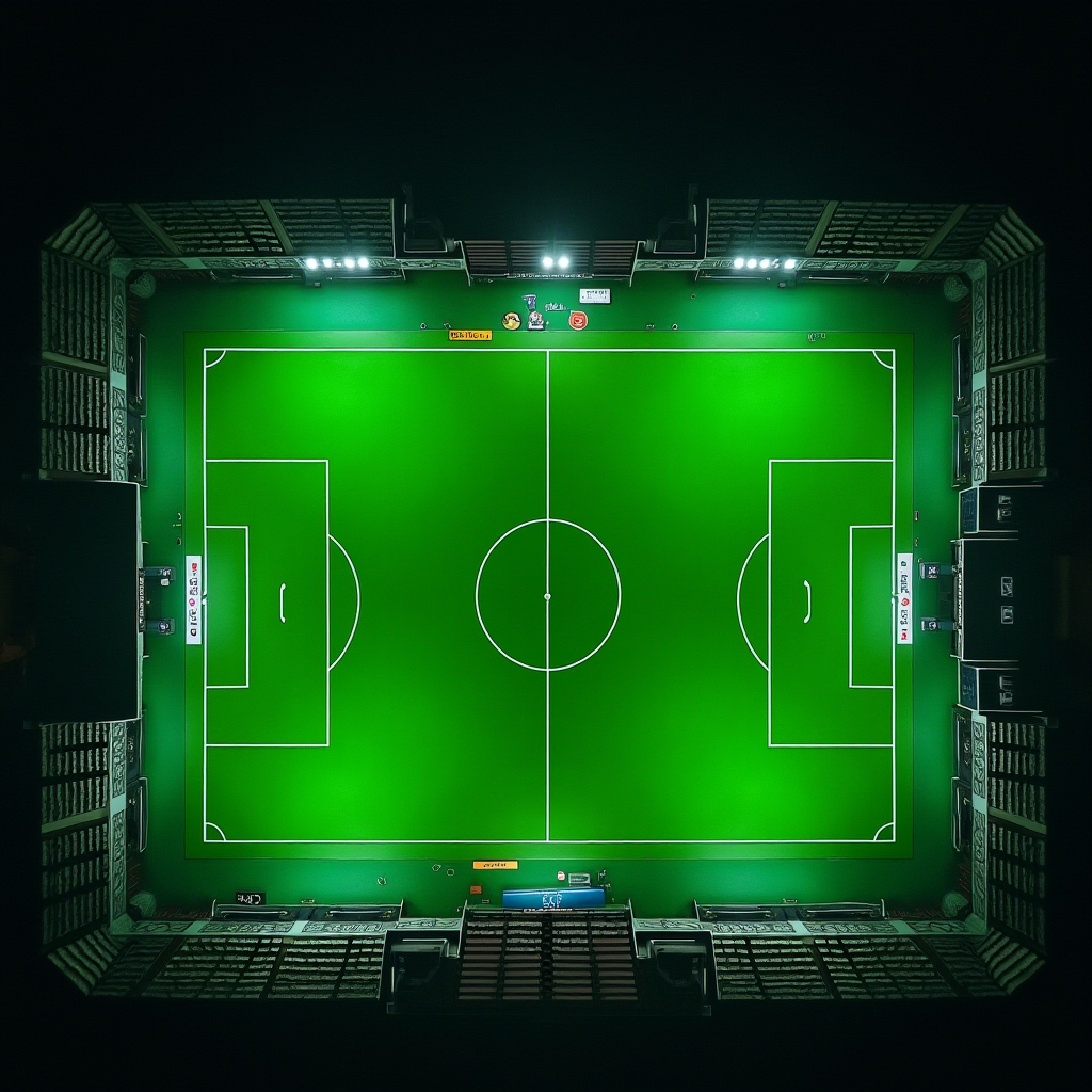 An aerial view of a brightly lit soccer field in a stadium at night.