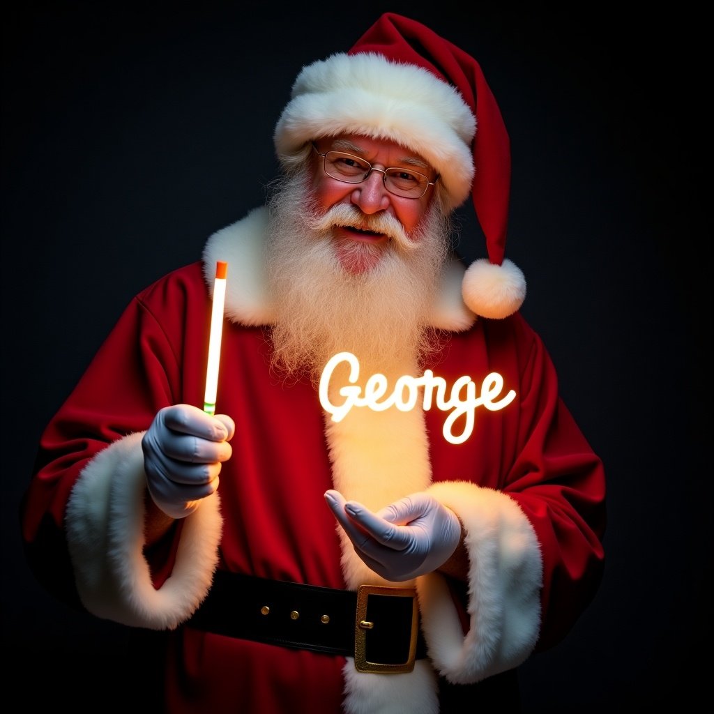 This image features Santa Claus wearing his traditional red and white suit. He is holding a glow stick that illuminates the name 'George' in bright light. Santa's expression is jolly and inviting, exuding warmth and holiday cheer. The background is dark, which enhances the brightness of the glowing text. This festive scene captures the magic of Christmas and the joy of the holiday season. It's suitable for various holiday-themed applications.