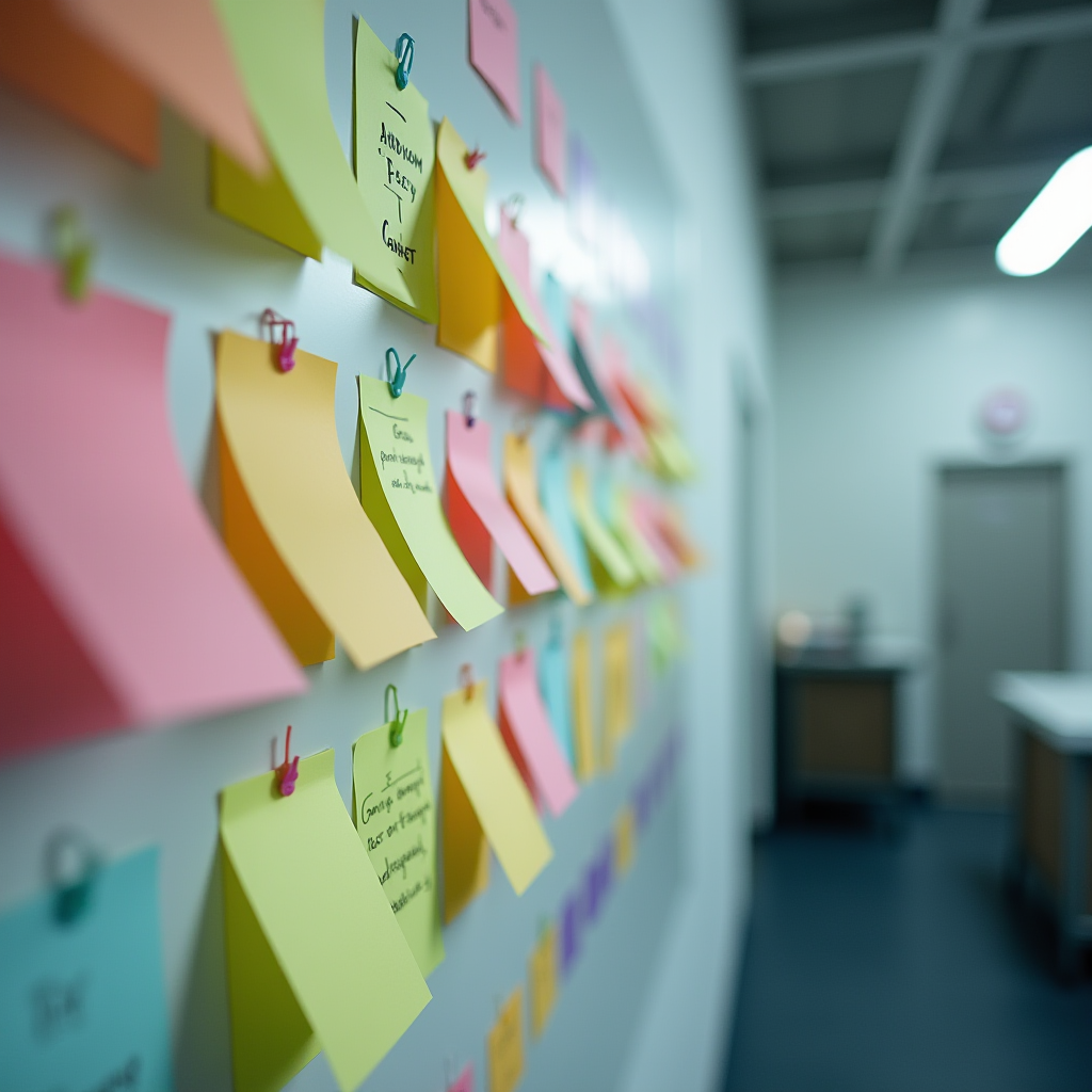 The image shows colorful sticky notes arranged neatly on a wall in a hallway.