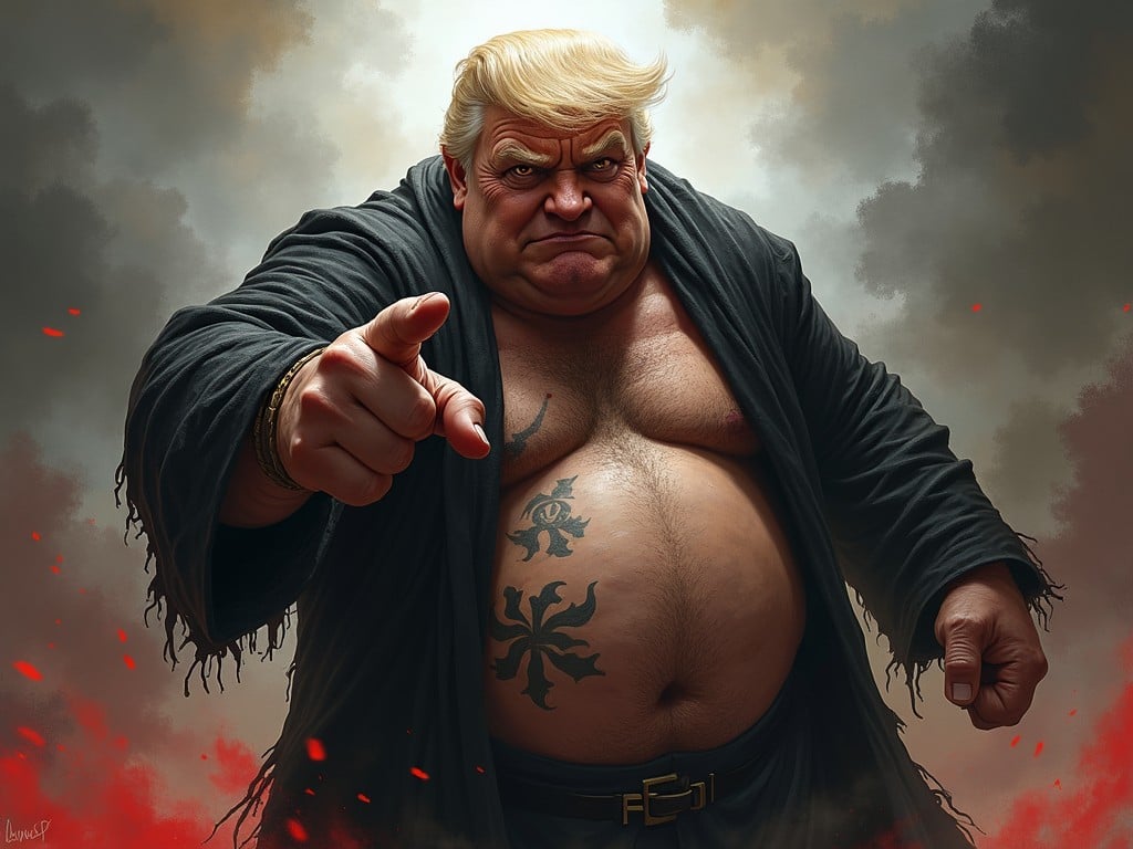 This digital artwork portrays a robust, bald man in a commanding pose, pointing directly at the viewer. He is wearing a dark robe, exposing his chest with a striking tattoo. Surrounding him is a misty, dramatic background with red fiery flecks, giving the scene an intense, otherworldly feel.