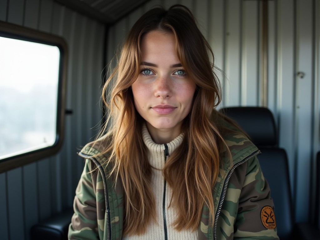 a portrait of a woman in a camo jacket sitting inside a vehicle, soft natural lighting, close-up