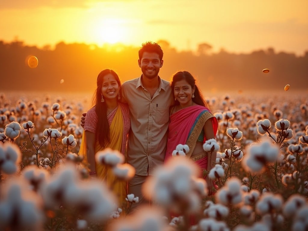 This image showcases a vibrant Indian cotton field during golden hour. The fluffy white cotton bolls are in full bloom, creating a picturesque scene. An Indian farming family stands together, displaying joyful expressions, dressed in traditional rural clothing. As the sun sets, golden coins appear to float up from the cotton plants, shining brightly in the warm light. The atmosphere is enhanced by magical golden lens flares and a soft bokeh effect, creating a serene yet dynamic visual experience.