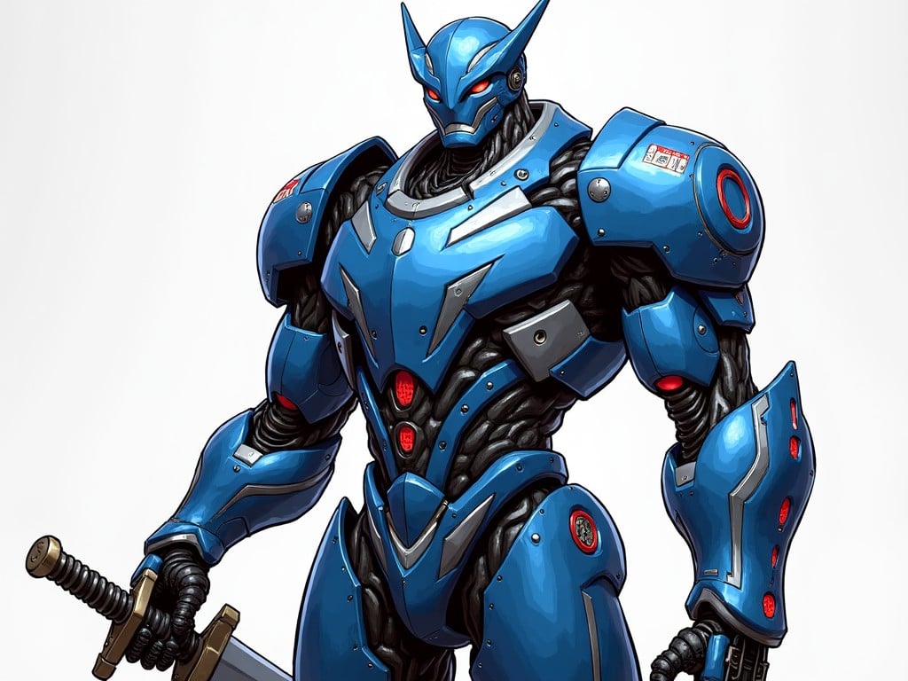 The image features a blue robotic character with metallic armor covering its entire body. The design includes intricate patterns and details, hinting at a high level of technological advancement. Its posture is upright and strong, exuding a sense of power and readiness. The robot is holding a sword in its right hand, which adds to its warrior-like appearance. The color palette is predominantly blue with silver and red highlights, giving it a futuristic and sleek look.