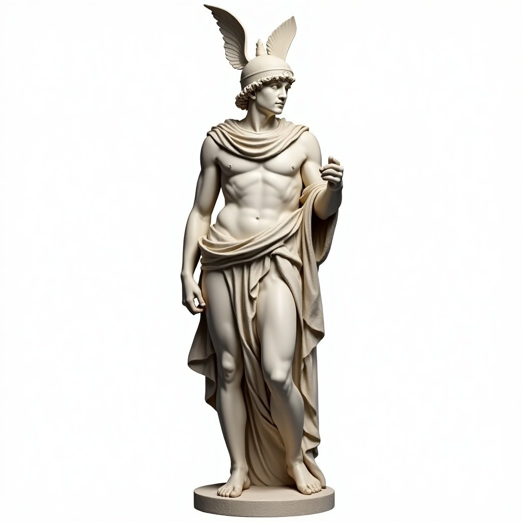 The image displays an ancient Greek statue representing a young male messenger god. He has a helmet adorned with two small wings, symbolizing his role as a swift messenger. The statue is intricately detailed, with a full-body appearance capturing the grace and physique of the figure. Set against a white background, the emphasis is on the sculpture's artistry. This depiction draws from classical styles, showcasing the craftsmanship of ancient artists.