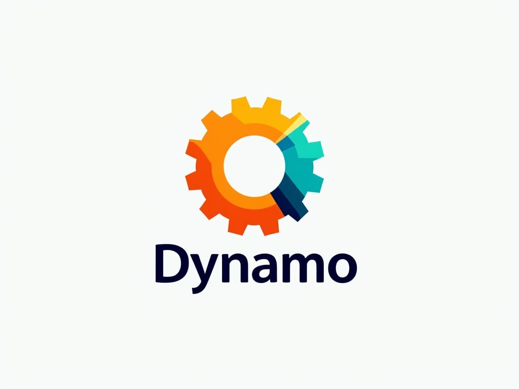 The image features a stylized gear wheel with an orange color on the outside, and a contrasting blue and teal inner section. The gear symbol is designed with a modern, sleek look, incorporating a digital or software theme. Below the gear, the word 'Dynamo' is displayed in a bold, clean font, suggesting innovation or technological advancement. The color scheme is vibrant and eye-catching, emphasizing energy and creativity. The overall design suggests a connection to engineering, mechanics, or data management, appealing to a contemporary audience.