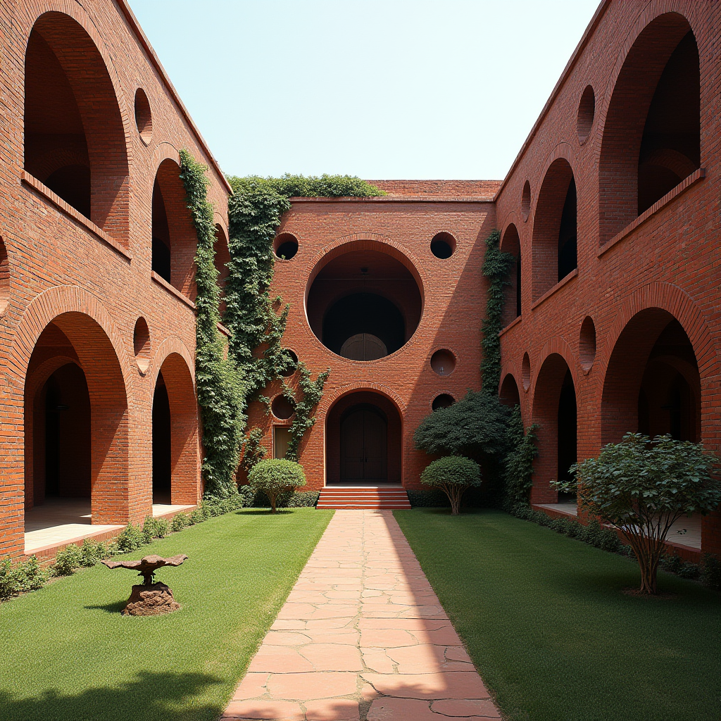 A tranquil courtyard with red brick arches and neatly trimmed greenery.