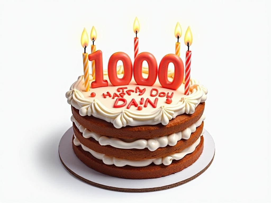 A birthday cake is prominently displayed with bright red candles on top, highlighting a special celebration of turning 1000. The cake is decorated with creamy frosting and the words 'Happy 1000th Dain' beautifully written in icing. The background is plain white to emphasize the cake's colorful decorations. The candles burn brightly, adding a festive touch. This cake is perfect for a milestone birthday celebration, capturing the joy of the occasion in a simple yet elegant design.