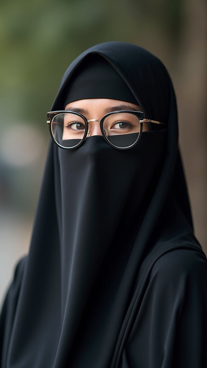 Portrait of a person in a niqab wearing glasses