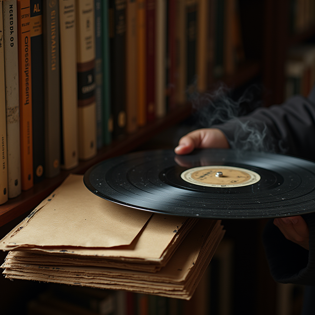 A person carefully holding a vinyl record, with a library of books in the background.