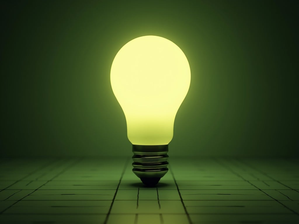 A single glowing green lightbulb on a tiled surface, surrounded by darkness.