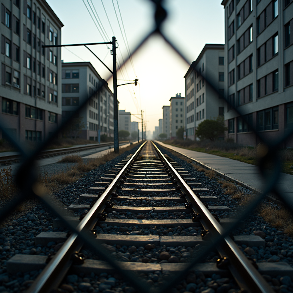 A railway track runs straight through a city landscape, viewed through the diamond pattern of a chain-link fence, with buildings on both sides.