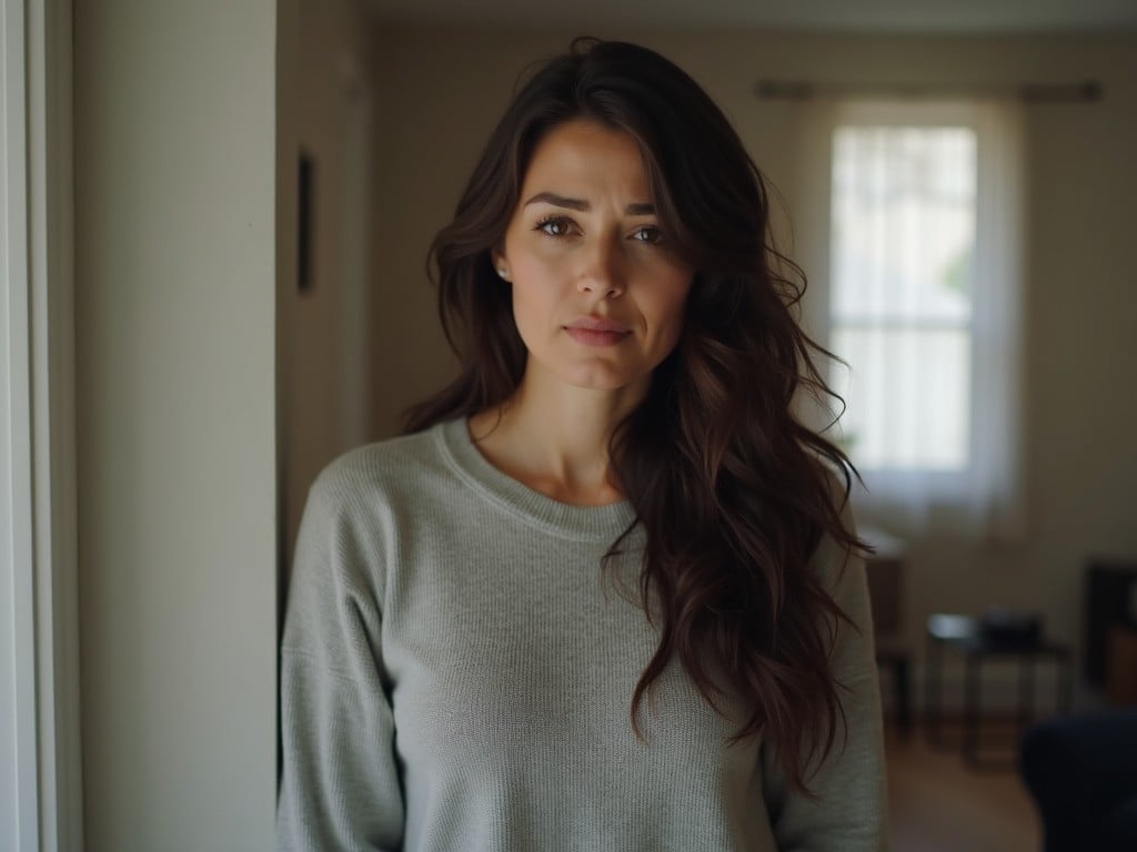 A woman standing indoors by a window, looking contemplatively ahead, with natural light illuminating her face and a soft-focus background.