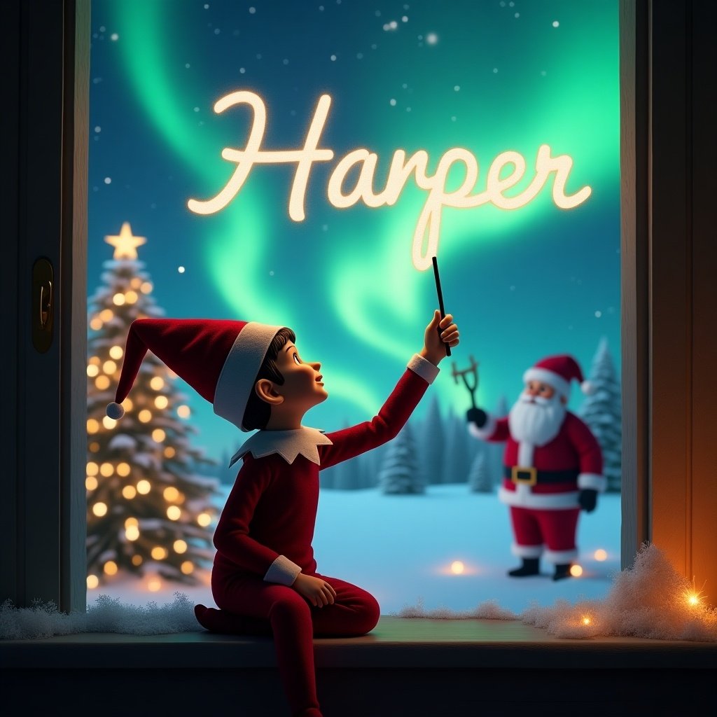 In a magical Christmas scene, a young elf on the shelf sits by a window. The elf is dressed in a festive red outfit with a pointed hat. He holds a wand, gracefully writing the name 'Harper' in the air. In the background, Santa Claus stands amidst a snowy landscape, with vibrant northern lights illuminating the sky. A beautifully decorated Christmas tree sparkles nearby, and the overall ambiance conveys joy and holiday magic. This enchanting moment captures the spirit of Christmas and childhood wonder.