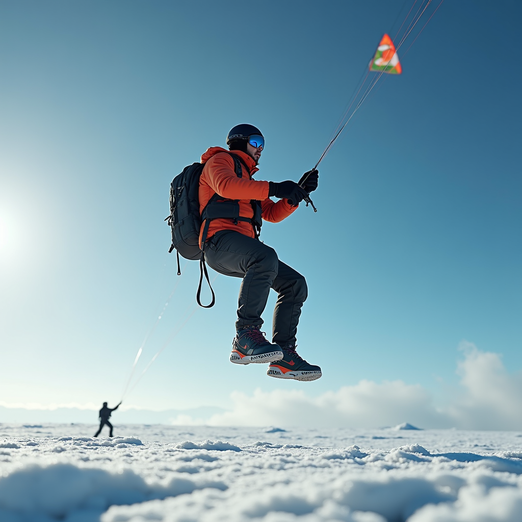 A person in winter gear is kiteboarding on snow, with another in the background holding a kite.