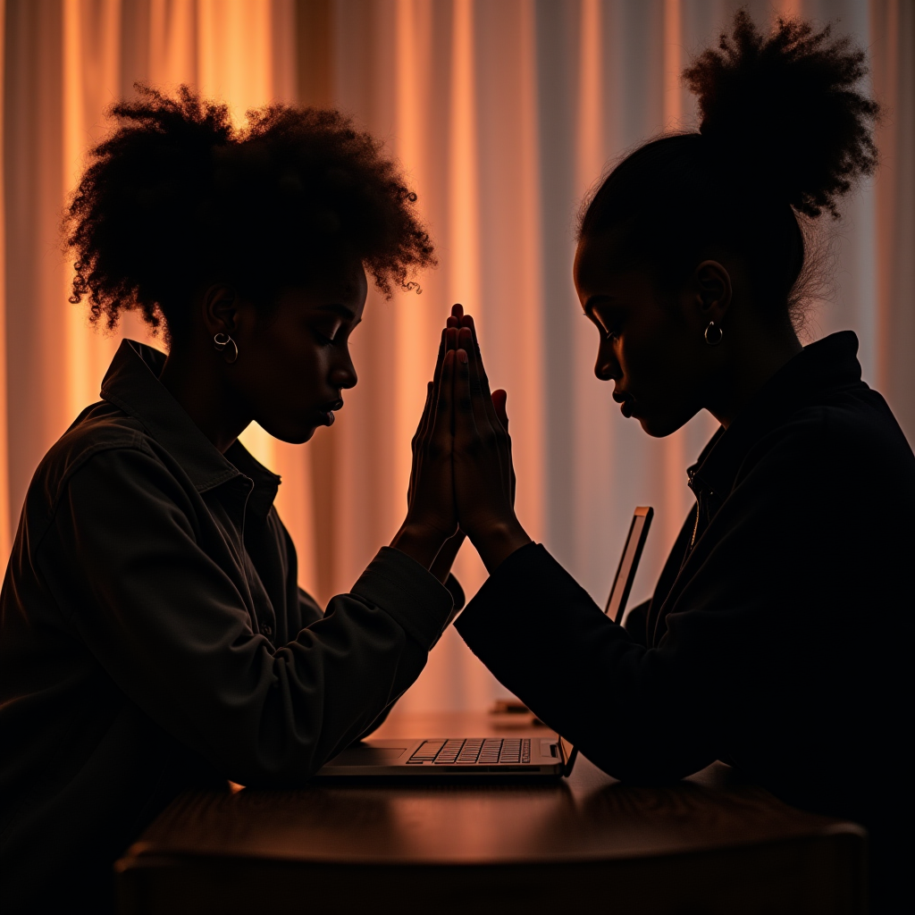 Two people facing each other with hands together, silhouetted against a warm, softly lit background.