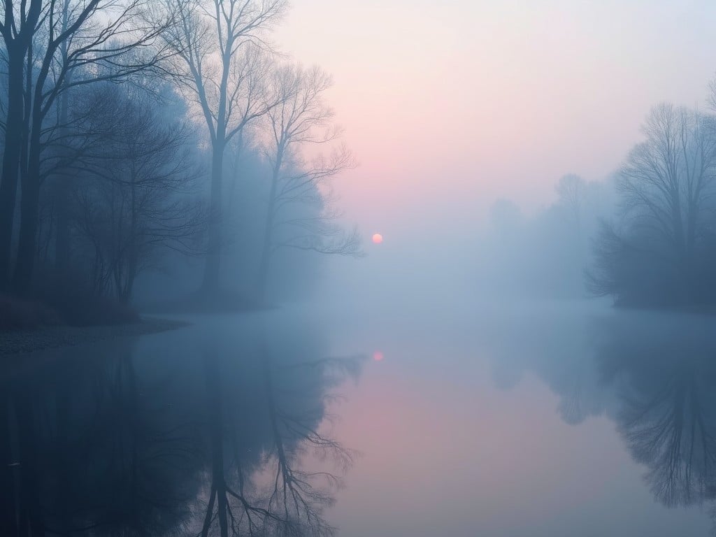 A serene and ethereal landscape is captured in this image, featuring a cluster of leafless trees standing by a still lake enveloped in thick mist. Their reflections ripple gently over the surface, casting a tranquil and mysterious atmosphere. The soft, subdued lighting enhances the calmness, creating an almost dreamlike quality centered around the eerie beauty of the fog.