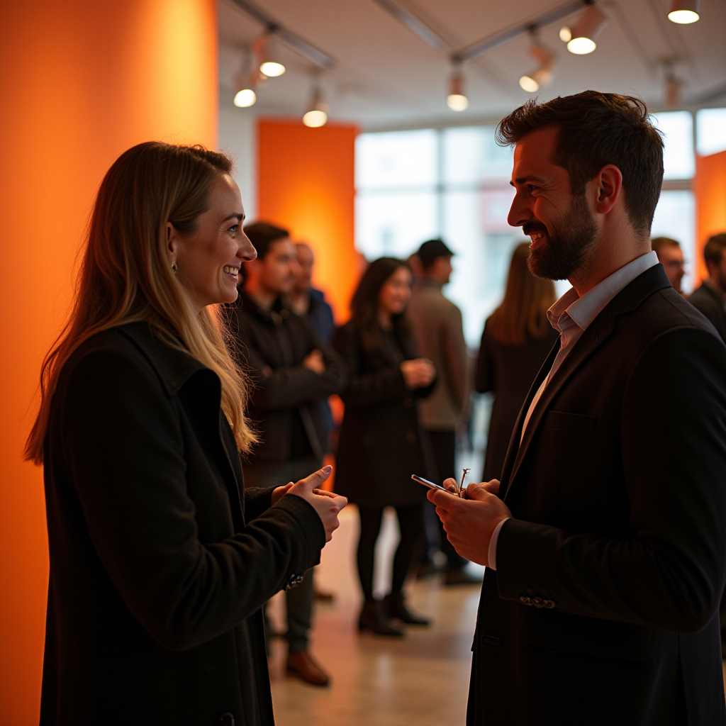 People conversing in a warm, lively art gallery setting.