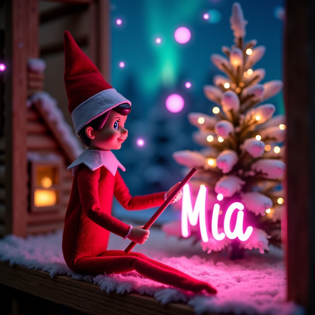 An enchanting Christmas scene featuring an elf on the shelf. The elf, dressed in red and white, wields a magic wand, writing Mia in a pink glowing script. The backdrop is adorned with vibrant northern lights, adding a magical ambiance. The scene is festive, portraying the spirit of Christmas with a whimsical twist and a log cabin nearby. The elf's position and action create a sense of wonder and excitement that captures the joy of the holiday season.