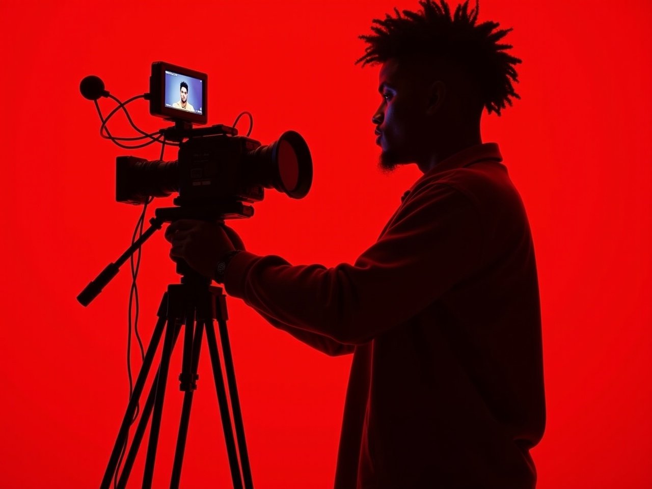 The image features a person with a striking afro hairstyle, silhouetted against a vibrant red background. They are focused on adjusting a professional video camera, which is mounted on a tripod. The camera is equipped with various cables and a microphone, highlighting its professional setup. A monitor on the camera displays an image of another individual with a similar hairstyle. The dramatic red lighting creates an intense atmosphere, emphasizing the theme of filmmaking and creativity. The figure's concentration showcases the dedication involved in capturing moments on film.