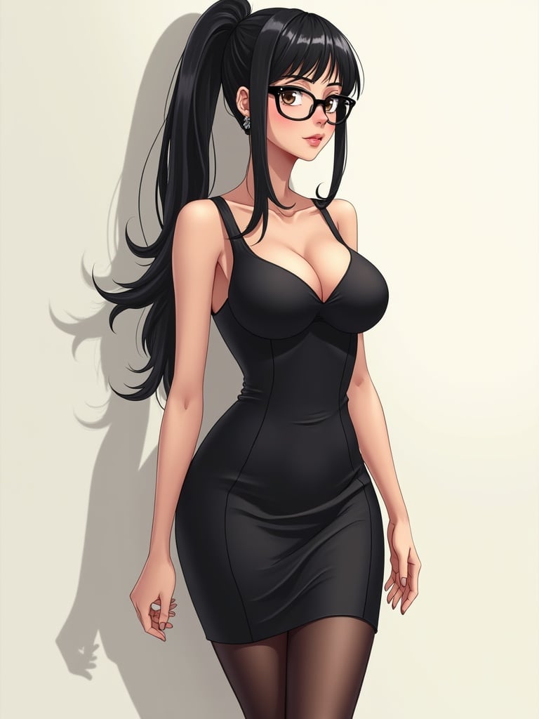 An anime-style illustration showcasing a confident woman with glasses, dressed in a sleek black dress. Her long, flowing black hair and poised stance exude elegance and intelligence, complemented by the simple, shadowed background that emphasizes her figure.