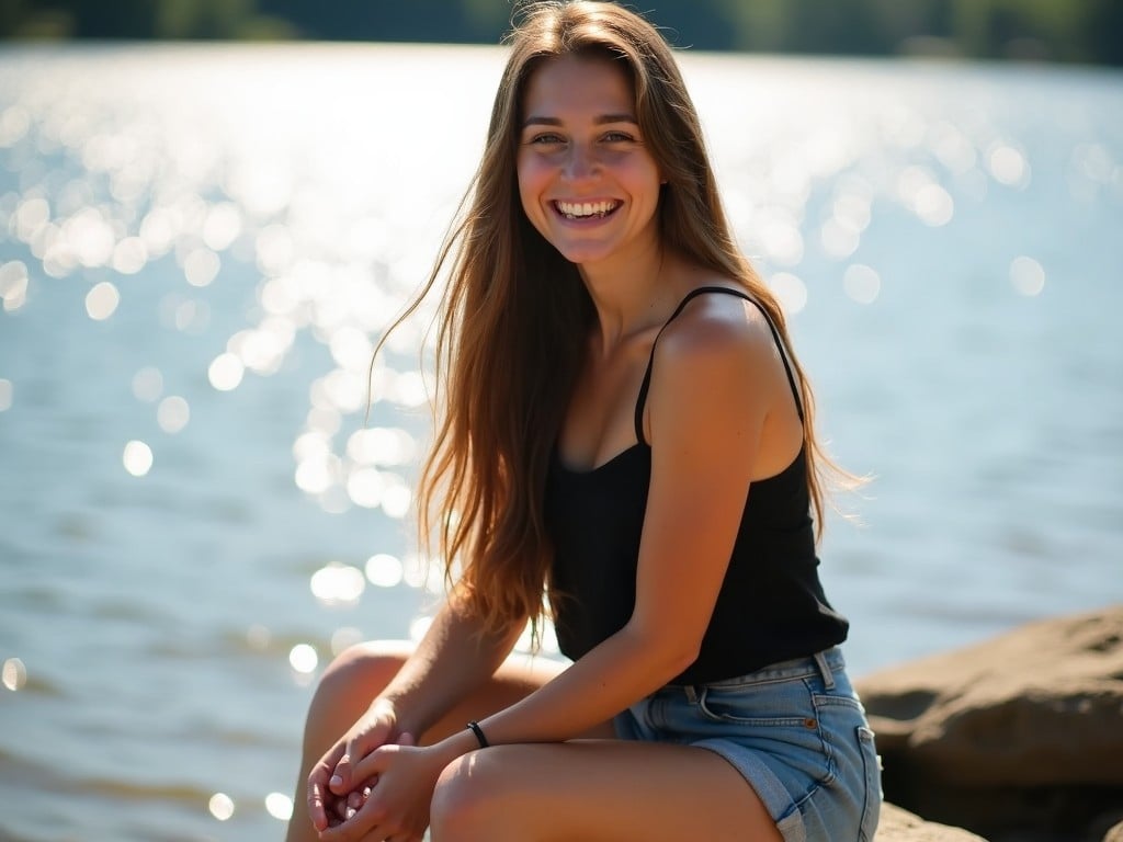 a smiling young woman sitting by a lake on a sunny day, wearing casual summer clothes