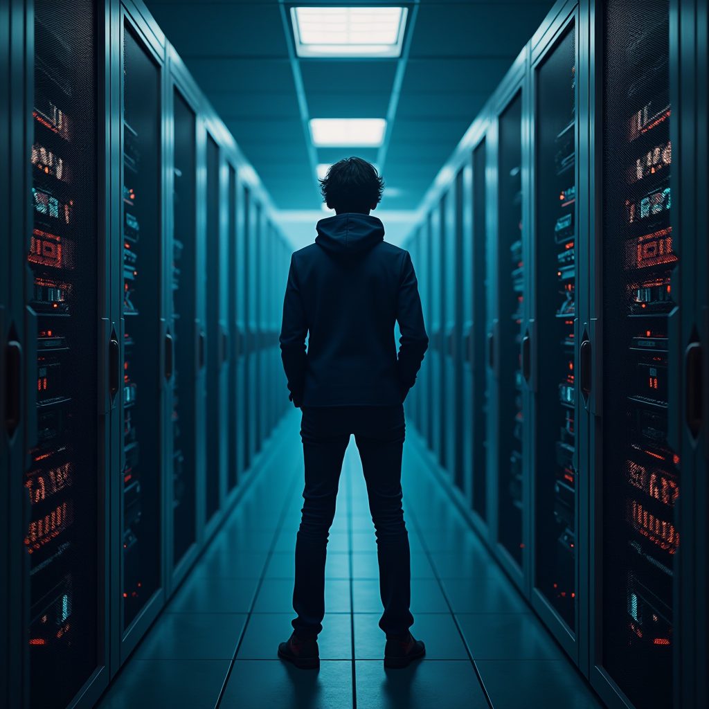 A person stands in a data center surrounded by glowing server racks.