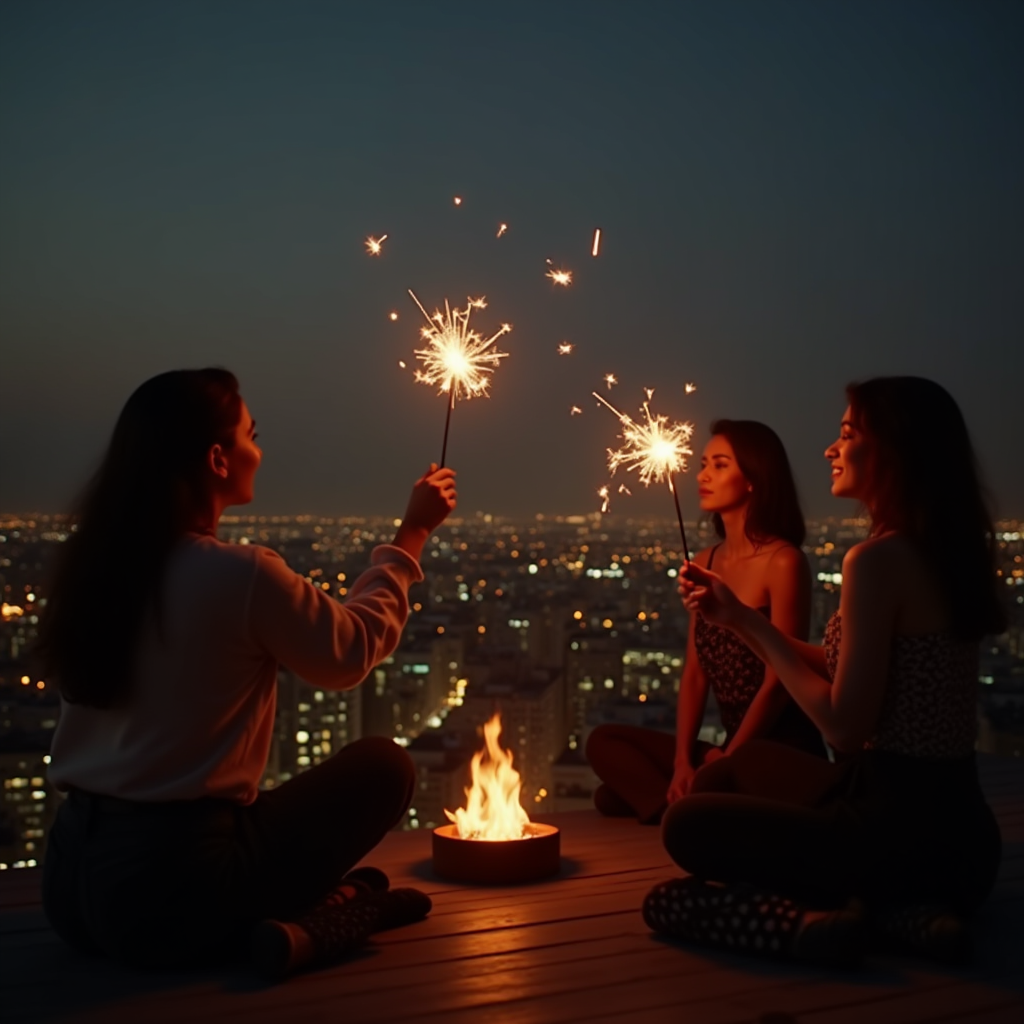 Three people sit on a rooftop at dusk, holding sparklers with city lights gleaming below and a small fire burning between them.