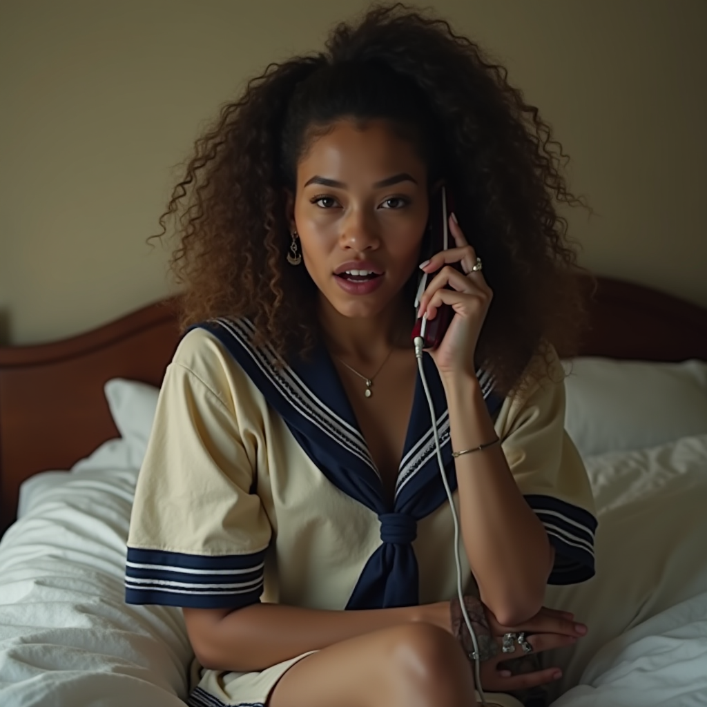 A person in a vintage-style sailor outfit sits on a bed, engaged in a phone conversation.