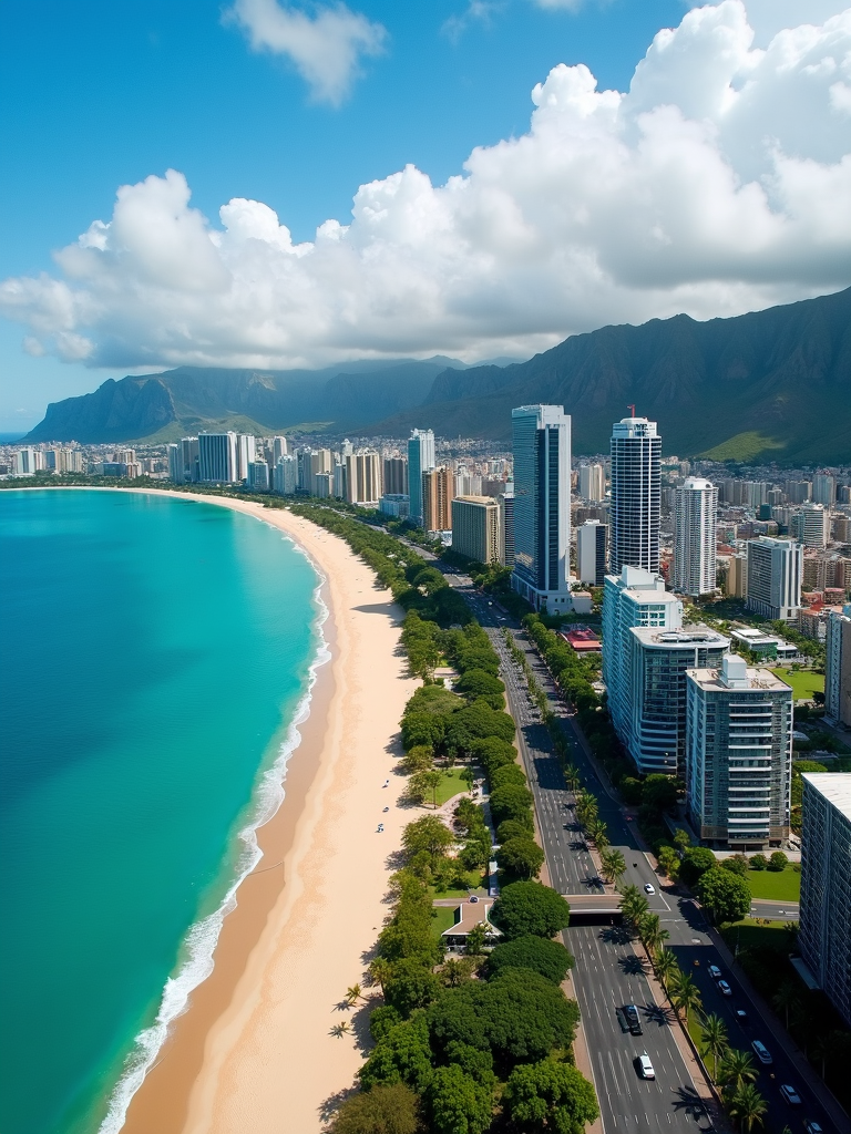 A vibrant coastal cityscape with a stunning beach and towering skyscrapers set against majestic mountains under a bright blue sky.