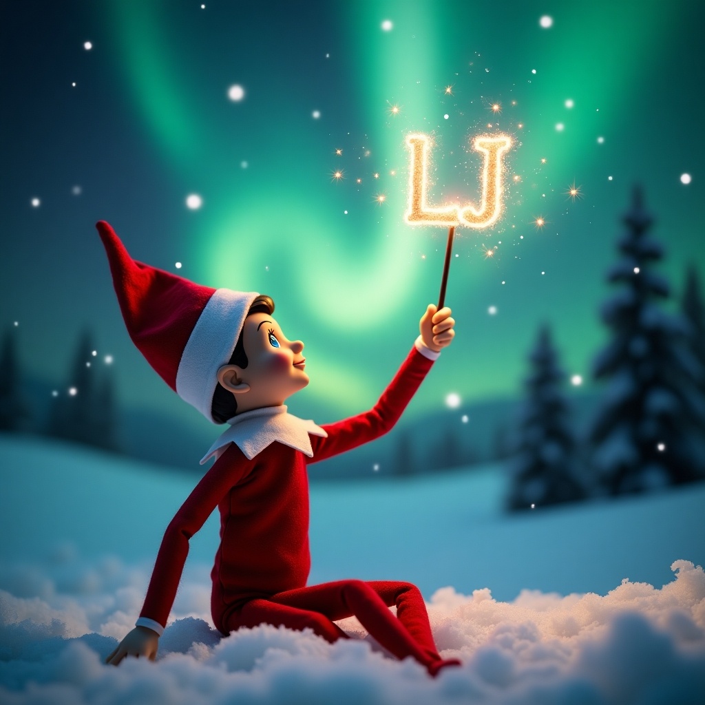 This image captures a charming scene featuring a boy elf on the shelf. The elf is dressed in a classic red outfit and is positioned with its back to the viewer. It gazes upwards towards a captivating sky illuminated by vibrant northern lights. In one hand, the elf holds a magic wand, which it uses to elegantly write the name LJ in sparkling letters above. The snowy ground enhances the serene and magical atmosphere of this holiday moment with Santa in the background.