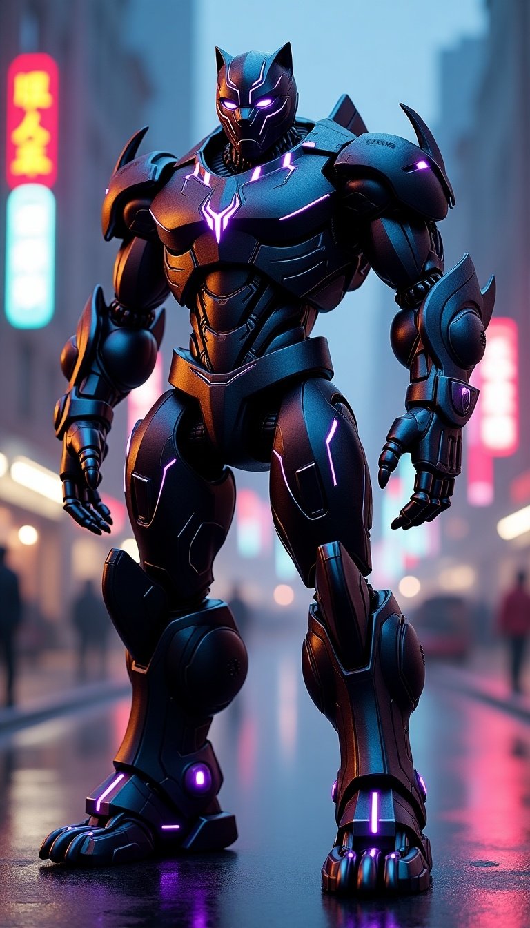 Standing image, featuring a highly detailed futuristic full-body robot inspired by Optimus Prime, mimicking the shape of a Black Panther. Its body integrates car elements, such as fusing car doors into its chest and arms, and transforming tires into powerful jaguar-like legs with glowing purple accents. The sleek, metallic surfaces reflect strength while remaining aerodynamic. The design includes a reimagined car emblem featuring Black Panther motifs, with glowing accents. The robot boasts sharp claws and a crown-like structure around its neck, enhancing its fierce appearance. The scene is set in a futuristic city at night, showcasing neon reflections on the robot's body with dramatic lighting and high resolution.