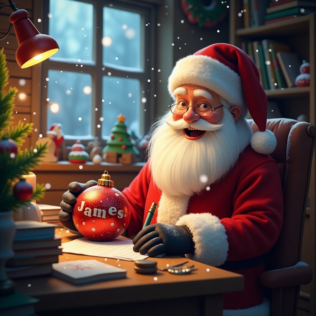 The image depicts Santa Claus joyfully sitting at his desk in a cozy room filled with holiday decorations. He is holding a red Christmas bauble with the name 'James' written on it, emphasizing a personal touch. Snow gently falls outside the window, adding to the festive atmosphere. Santa's iconic red suit and warm smile convey a sense of joy and celebration. The scene is warmly lit, enhancing the feeling of holiday magic and cheer.