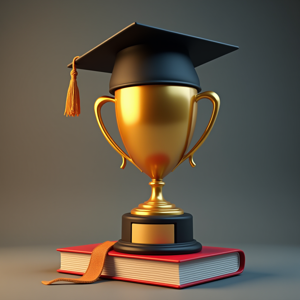 A gold trophy wearing a graduation cap, placed on a book, symbolizing academic achievement.