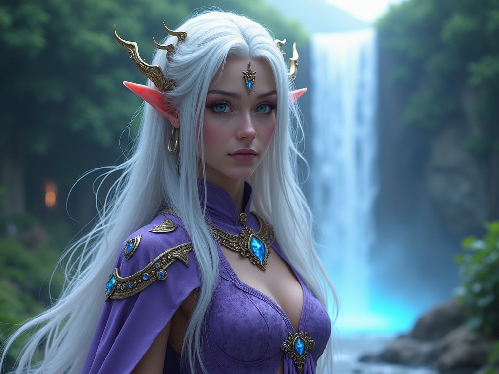 A beautiful elf woman with long white hair, wearing a purple and gold costume with intricate jewelry, stands before a majestic waterfall and lush green forest. She has large, pointed ears, and a delicate, antler-like crown. The scene is vibrant and mystical, capturing a sense of magic and elegance.