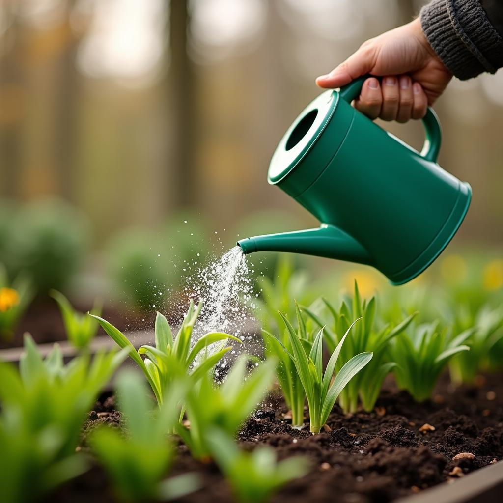 A hand waters small green plants with a green watering can in a garden.