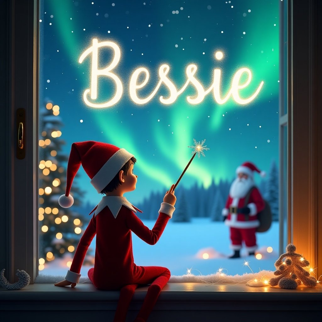 The image depicts an elf on the shelf sitting by a window, facing outside. The elf is using a magic wand to write the name 'Bessie' in the sky. Outside, a magical winter landscape is visible, featuring northern lights and Santa Claus in the background. The mood is festive and enchanting, capturing the spirit of Christmas. The elf wears a red and white outfit, and the room is decorated for the holidays, creating a cozy atmosphere.