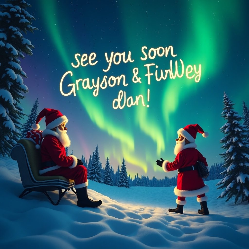 This whimsical holiday scene features an enchanting portrayal of the Northern lights illuminating the night sky. In the foreground, an Elf on the Shelf is joyfully writing 'see you soon Grayson and Finnley' with a bright light in the sky. Behind the elf, Santa Claus sits comfortably in a chair, embodying the spirit of Christmas. The snow-covered landscape adds to the magical winter atmosphere. Tall pine trees outline the scene, enhancing the tranquil, festive feel. Overall, this image evokes a sense of joy and anticipation for the holiday season.